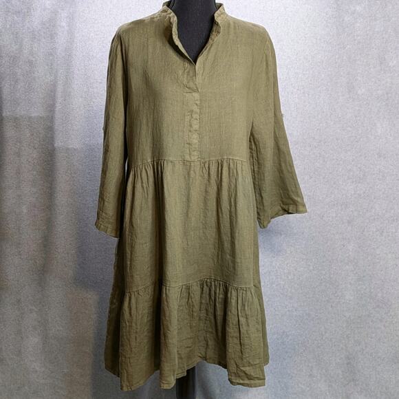 NWT Bellambra Italy Linen Dress M Olive Babydoll Tiered Roll Tab Oversized - Picture 9 of 15